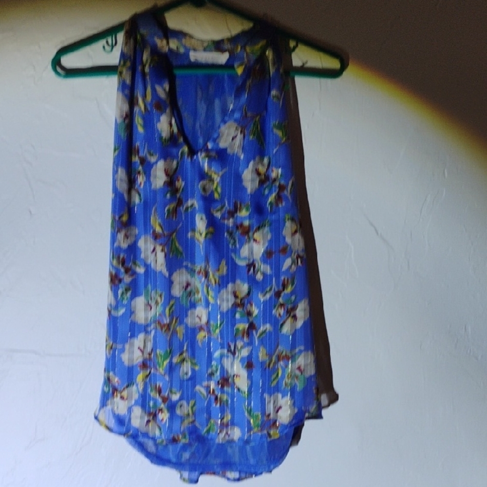 Lush Blue and Gold Pleated Tank Top